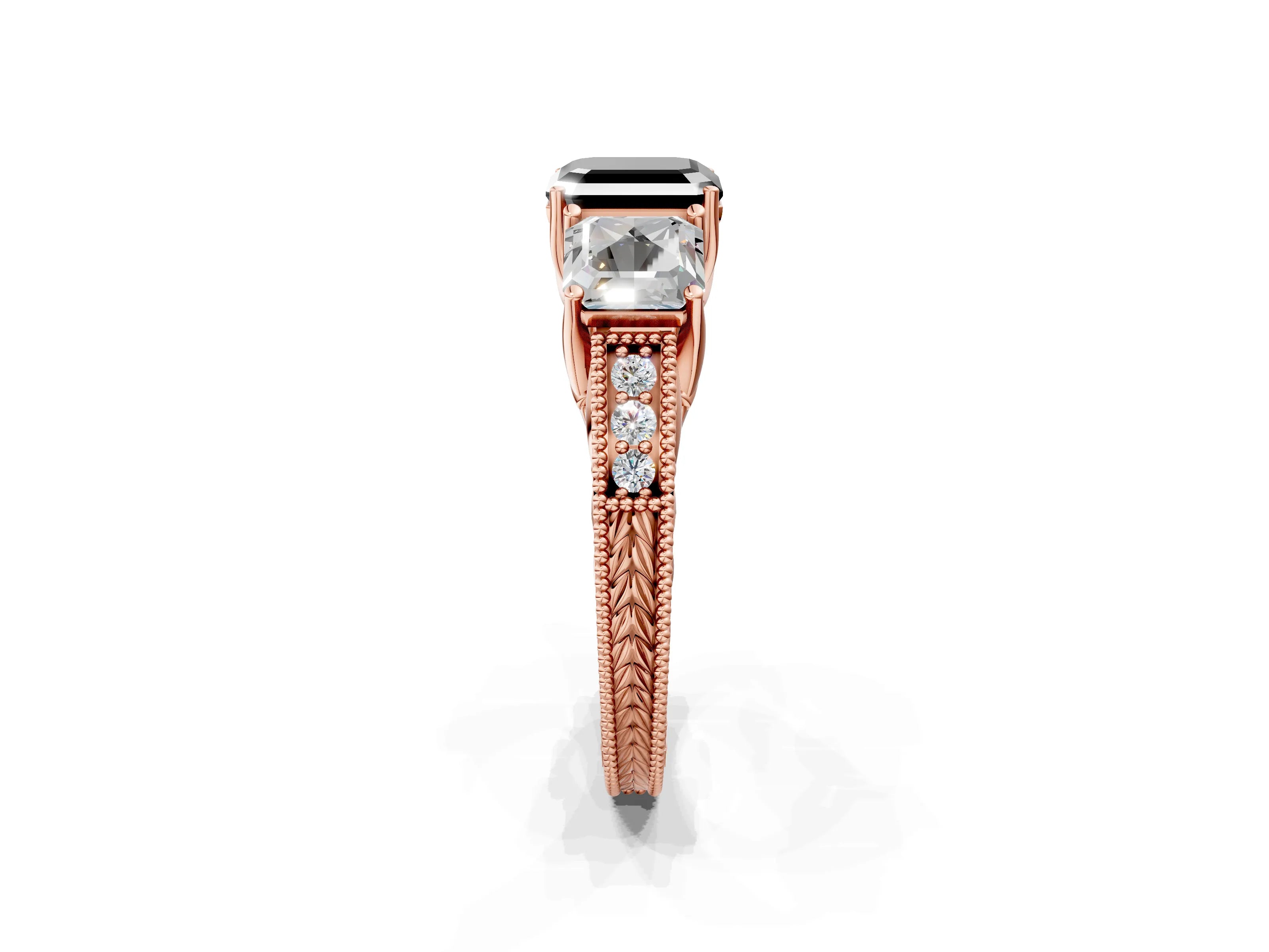 Rose gold Three-Stone Fancy Black Asscher Cut Cut Milgrain Pavé Engagement Ring_2