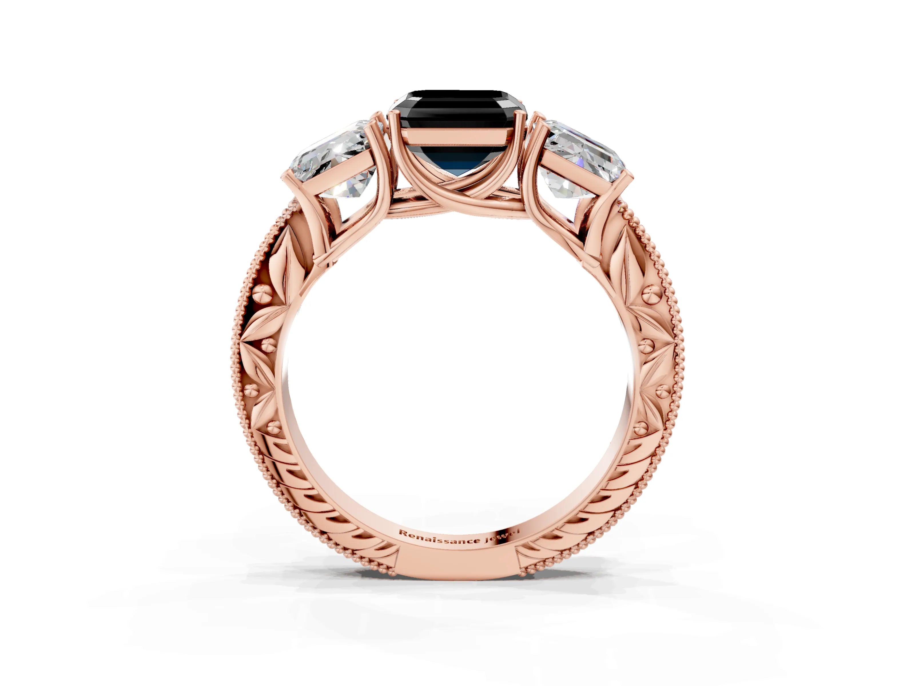 Rose gold Three-Stone Fancy Black Asscher Cut Cut Milgrain Pavé Engagement Ring_3