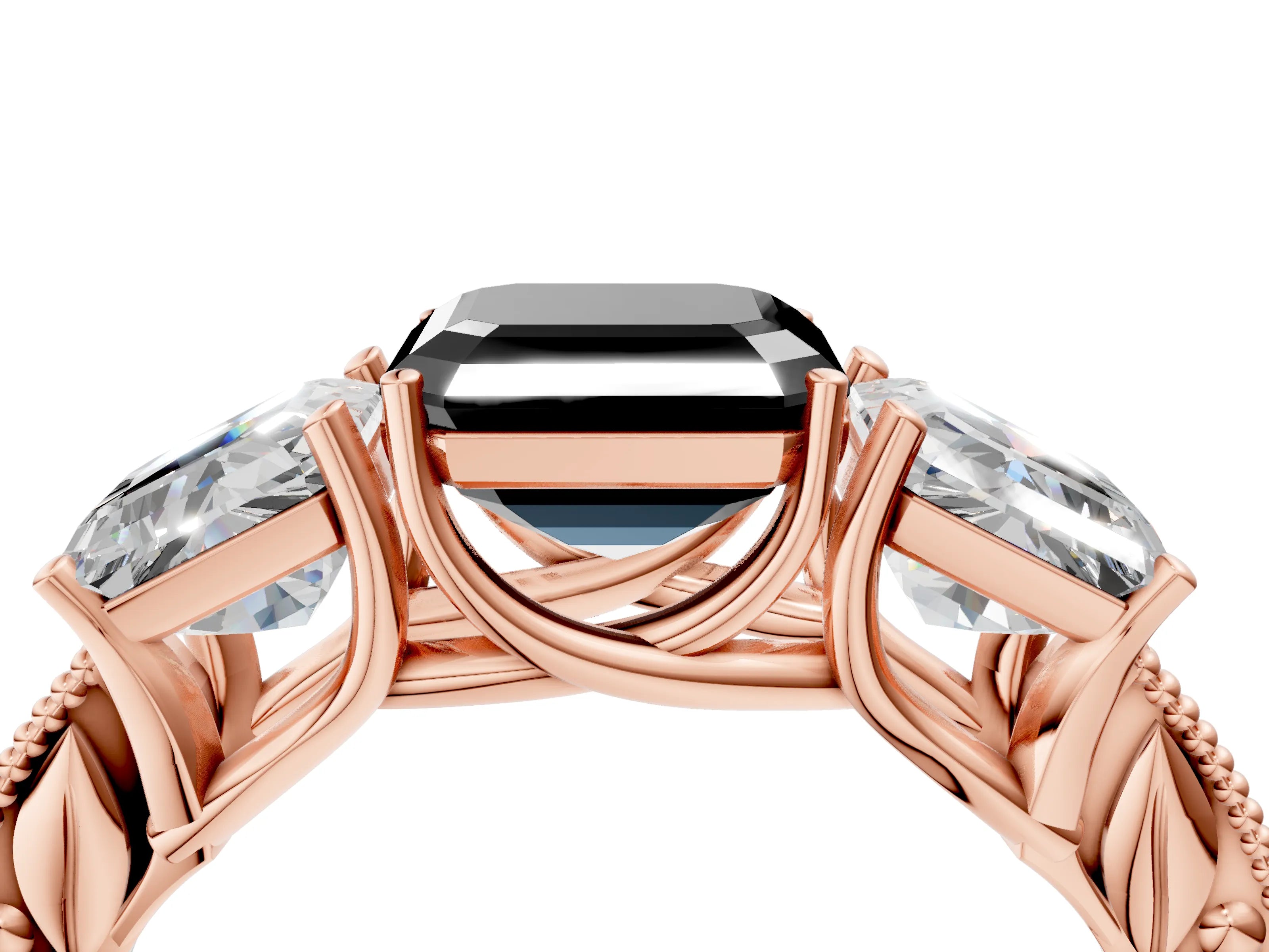 Rose gold Three-Stone Fancy Black Asscher Cut Cut Milgrain Pavé Engagement Ring_4