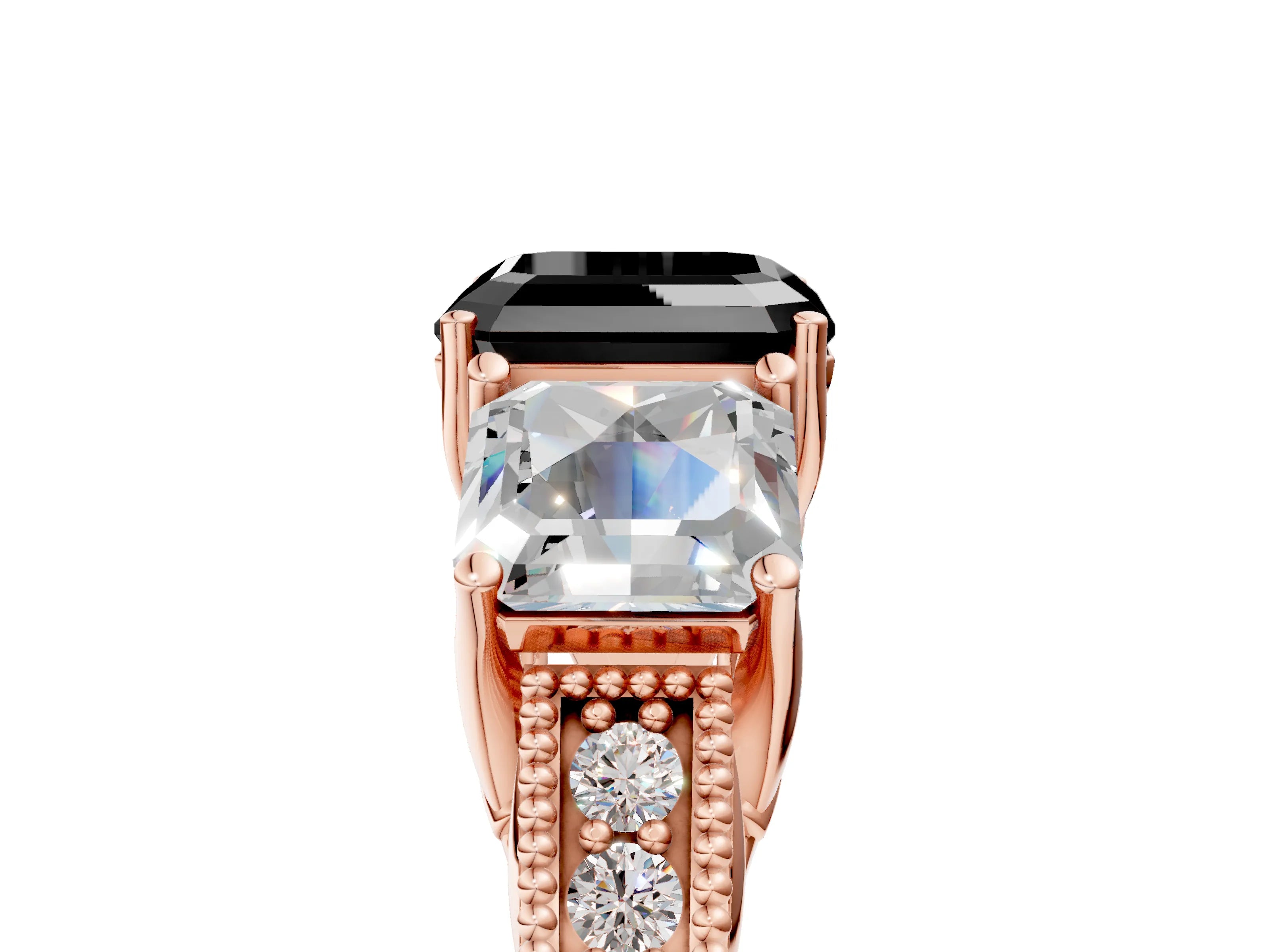 Rose gold Three-Stone Fancy Black Asscher Cut Cut Milgrain Pavé Engagement Ring_5