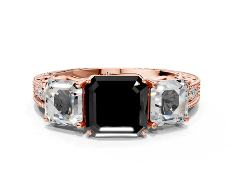 Rose gold Three-Stone Fancy Black Asscher Cut Cut Milgrain Pavé Engagement Ring