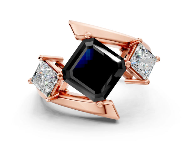 Rose gold Three-Stone Fancy Black Asscher Cut Cut Tension Band Ring with Four-Prong Setting