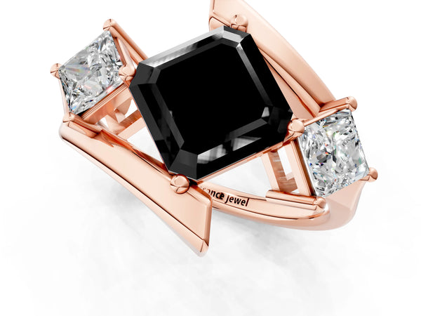 Rose gold Three-Stone Fancy Black Asscher Cut Cut Tension Band Ring with Four-Prong Setting