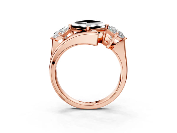 Rose gold Three-Stone Fancy Black Asscher Cut Cut Tension Band Ring with Four-Prong Setting