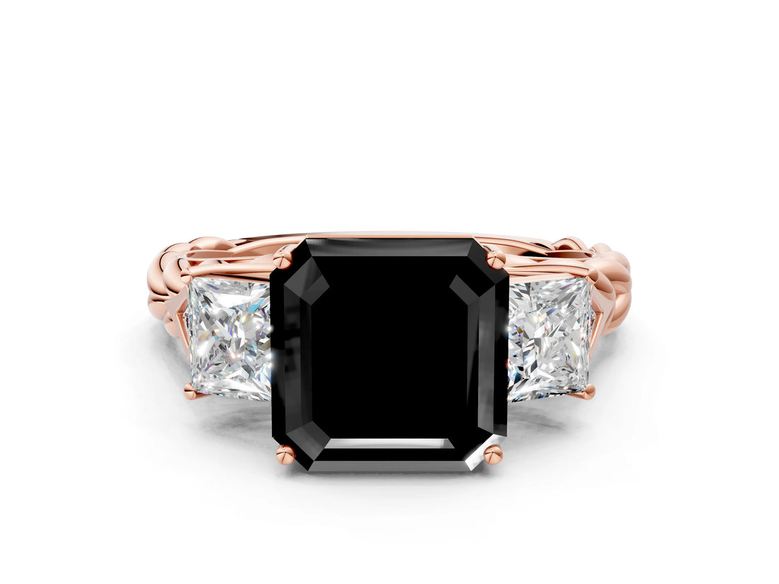 Rose gold Three-Stone Fancy Black Asscher Cut Diamond Braided Band Ring with Four-Prong Setting_12