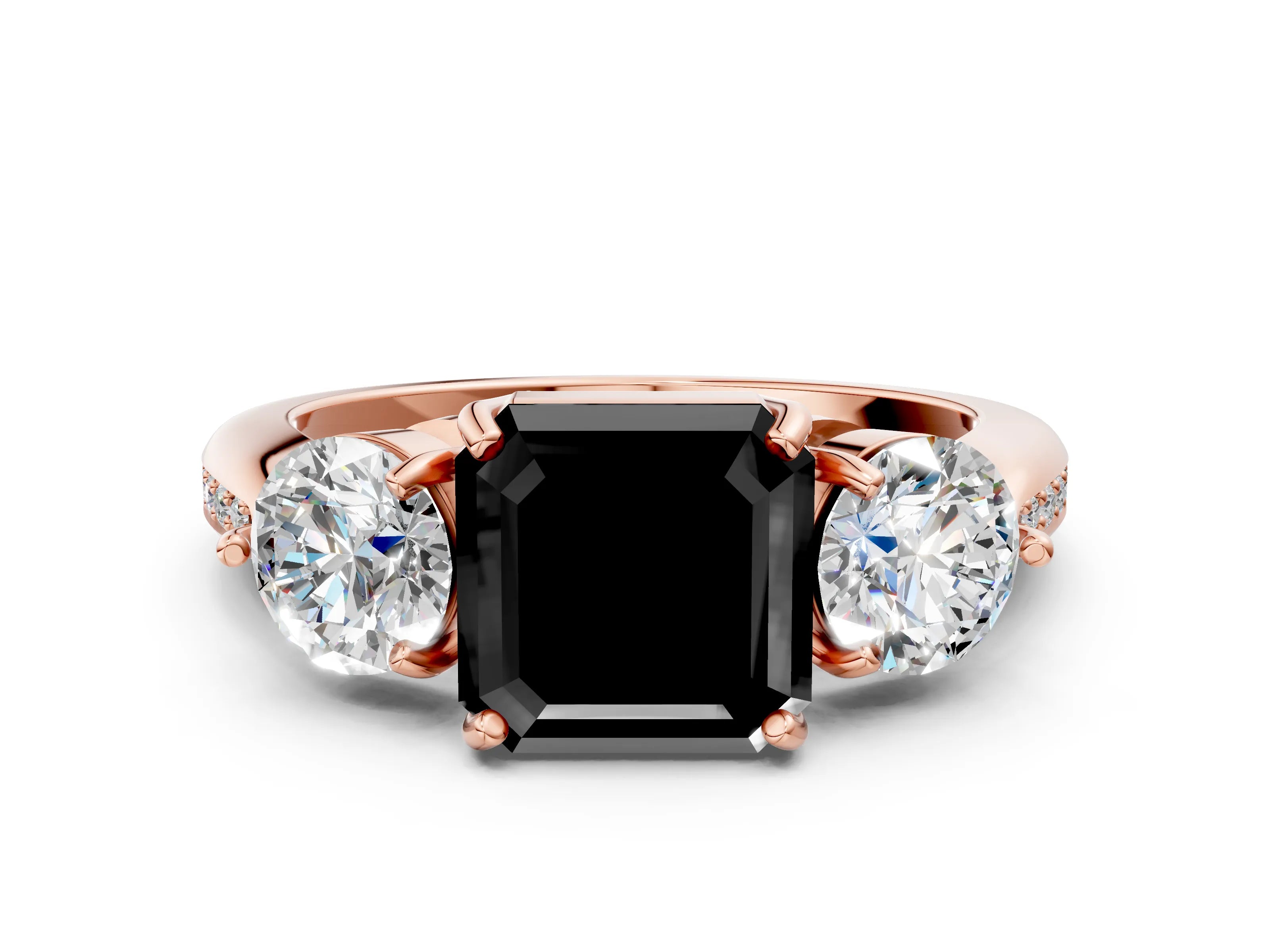 Rose gold Three-Stone Fancy Black Asscher Cut Diamond Channel Set Engagement Ring with Prong Setting