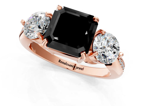 Rose gold Three-Stone Fancy Black Asscher Cut Diamond Channel Set Engagement Ring with Prong Setting_1