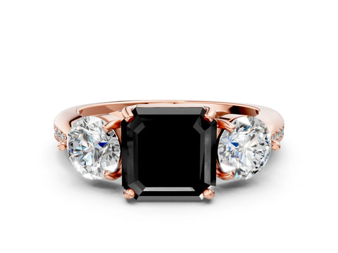 Rose gold Three-Stone Fancy Black Asscher Cut Diamond Channel Set Engagement Ring with Prong Setting