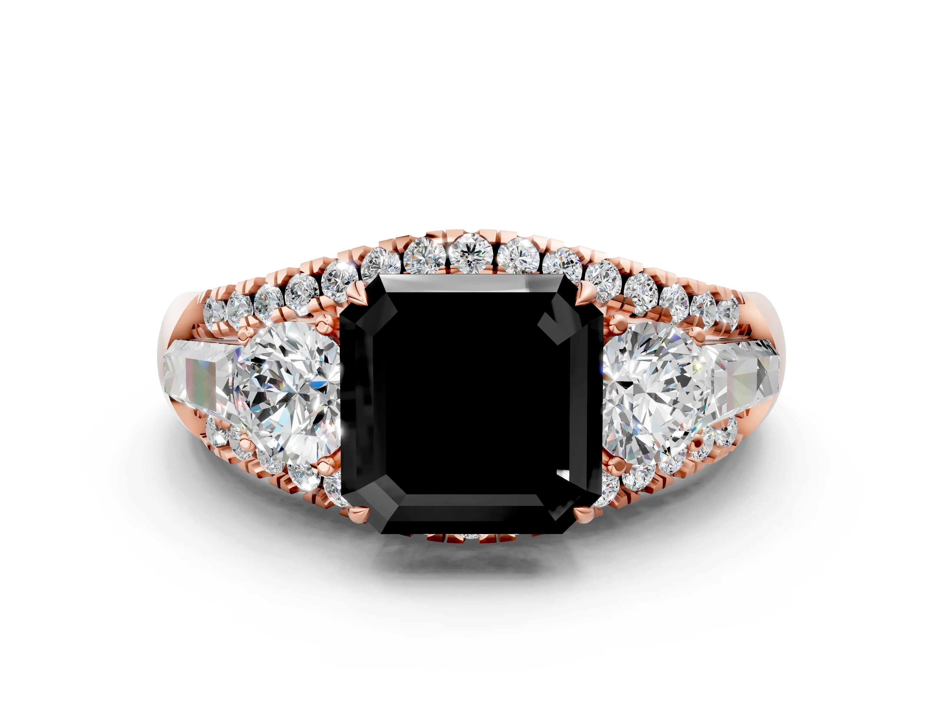 Rose gold Three-Stone Fancy Black Asscher Cut Diamond Engagement Ring with Pave Band and Prong Setting