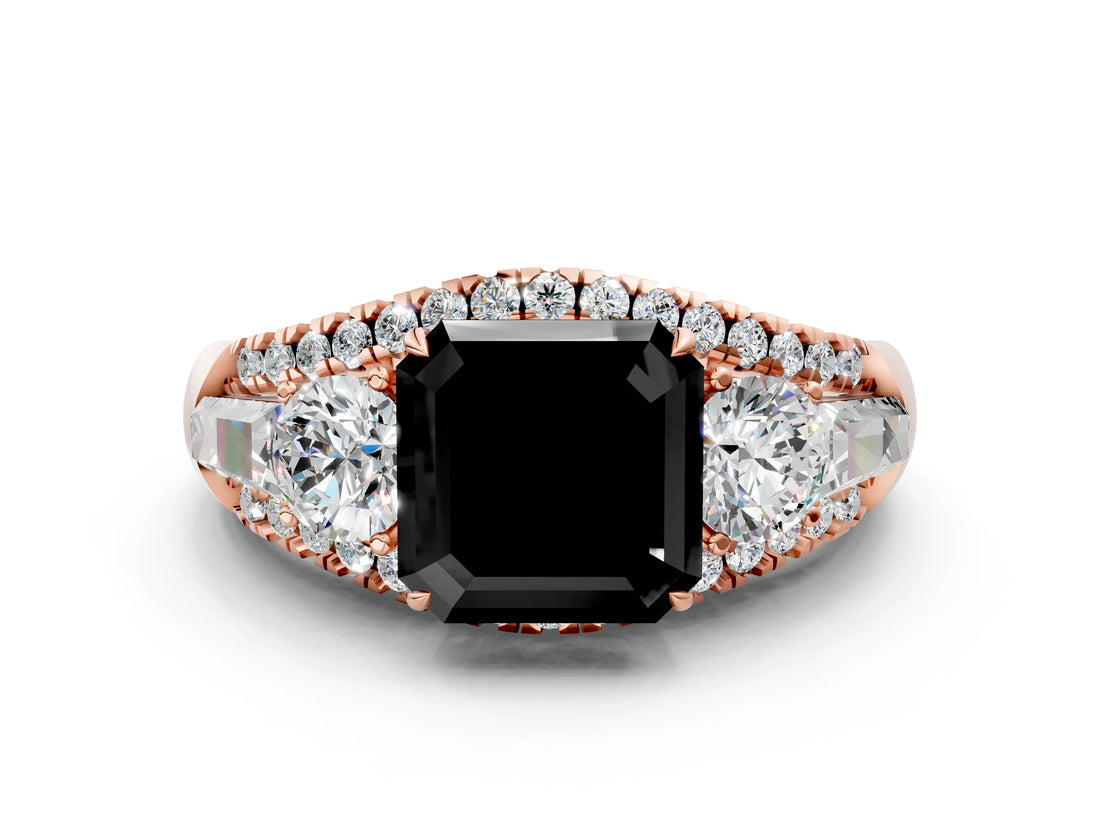 Rose gold Three-Stone Fancy Black Asscher Cut Diamond Engagement Ring with Pave Band and Prong Setting