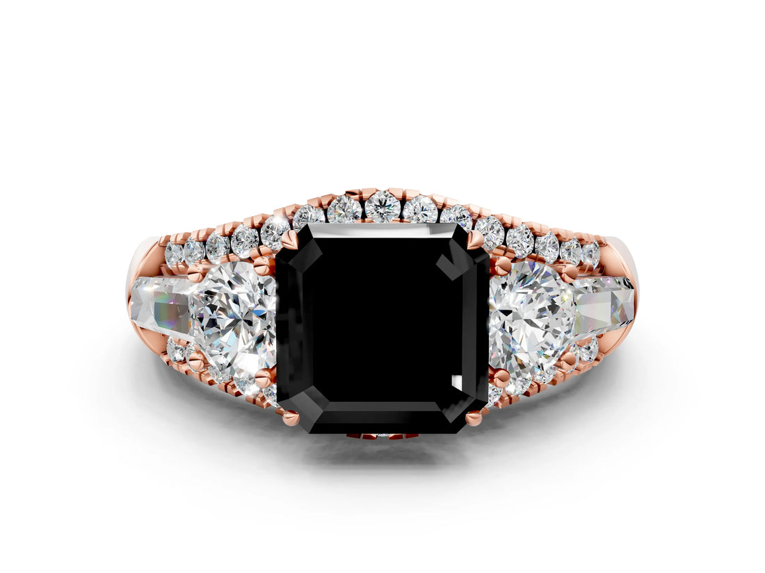 Rose gold Three-Stone Fancy Black Asscher Cut Diamond Engagement Ring with Pave Band and Prong Setting_12