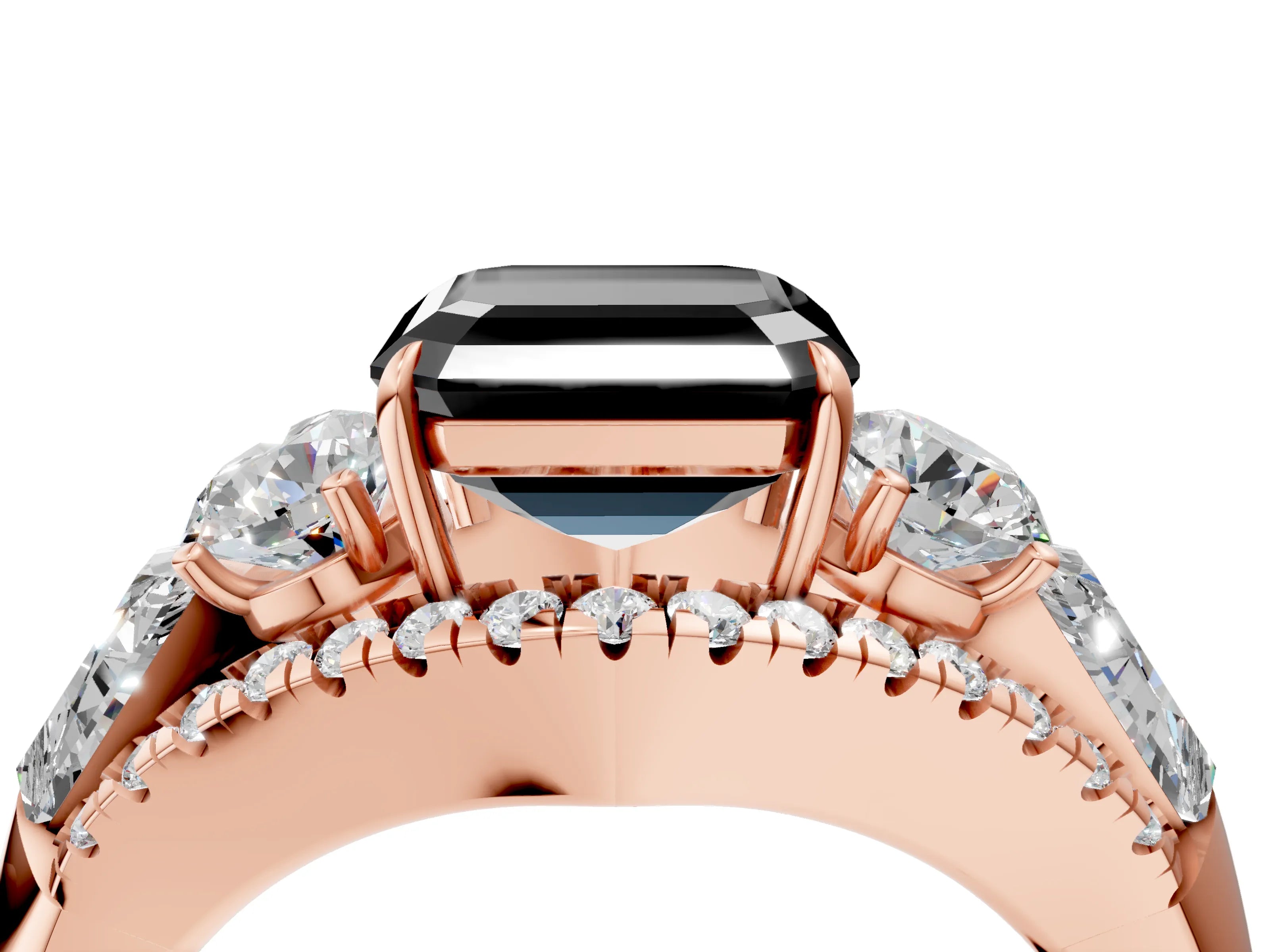 Rose gold Three-Stone Fancy Black Asscher Cut Diamond Engagement Ring with Pave Band and Prong Setting_4