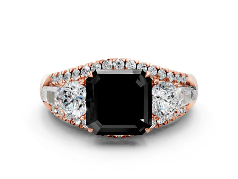 Rose gold Three-Stone Fancy Black Asscher Cut Diamond Engagement Ring with Pave Band and Prong Setting