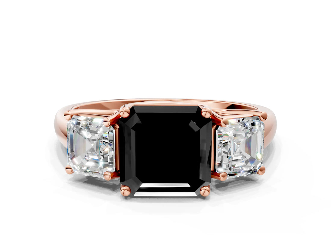 Rose gold Three-Stone Fancy Black Asscher Cut Diamond Engagement Ring with Prong Setting_3