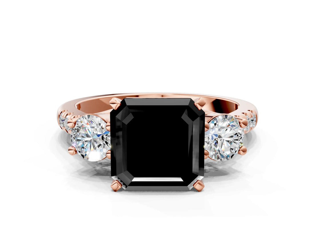 Rose gold Three-Stone Fancy Black Asscher Cut Diamond Pavé Band with Four-Prong Setting