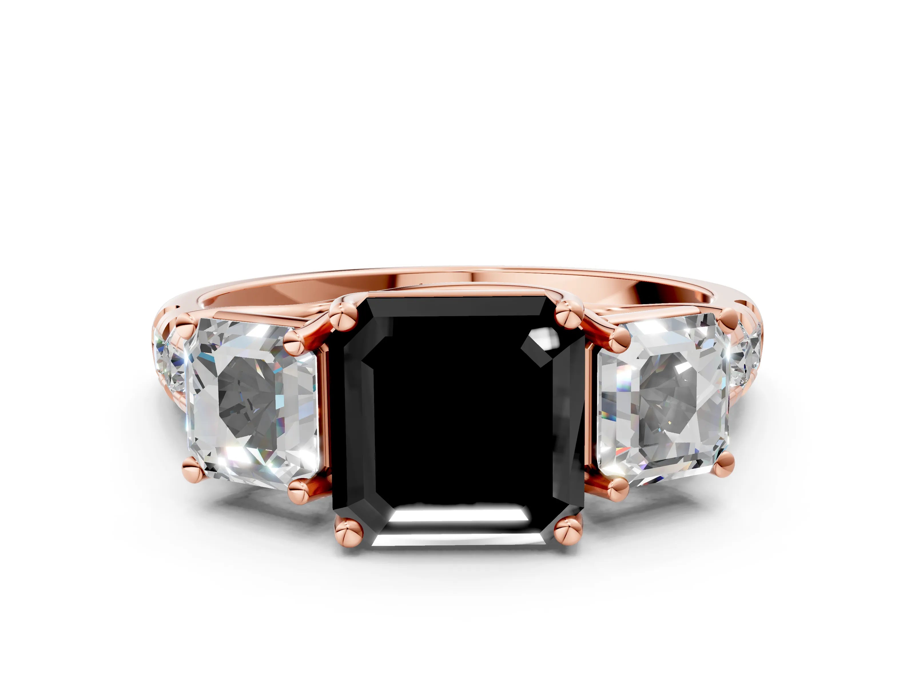 Rose gold Three-Stone Fancy Black Asscher Cut Diamond Pavé Band with Prong Setting
