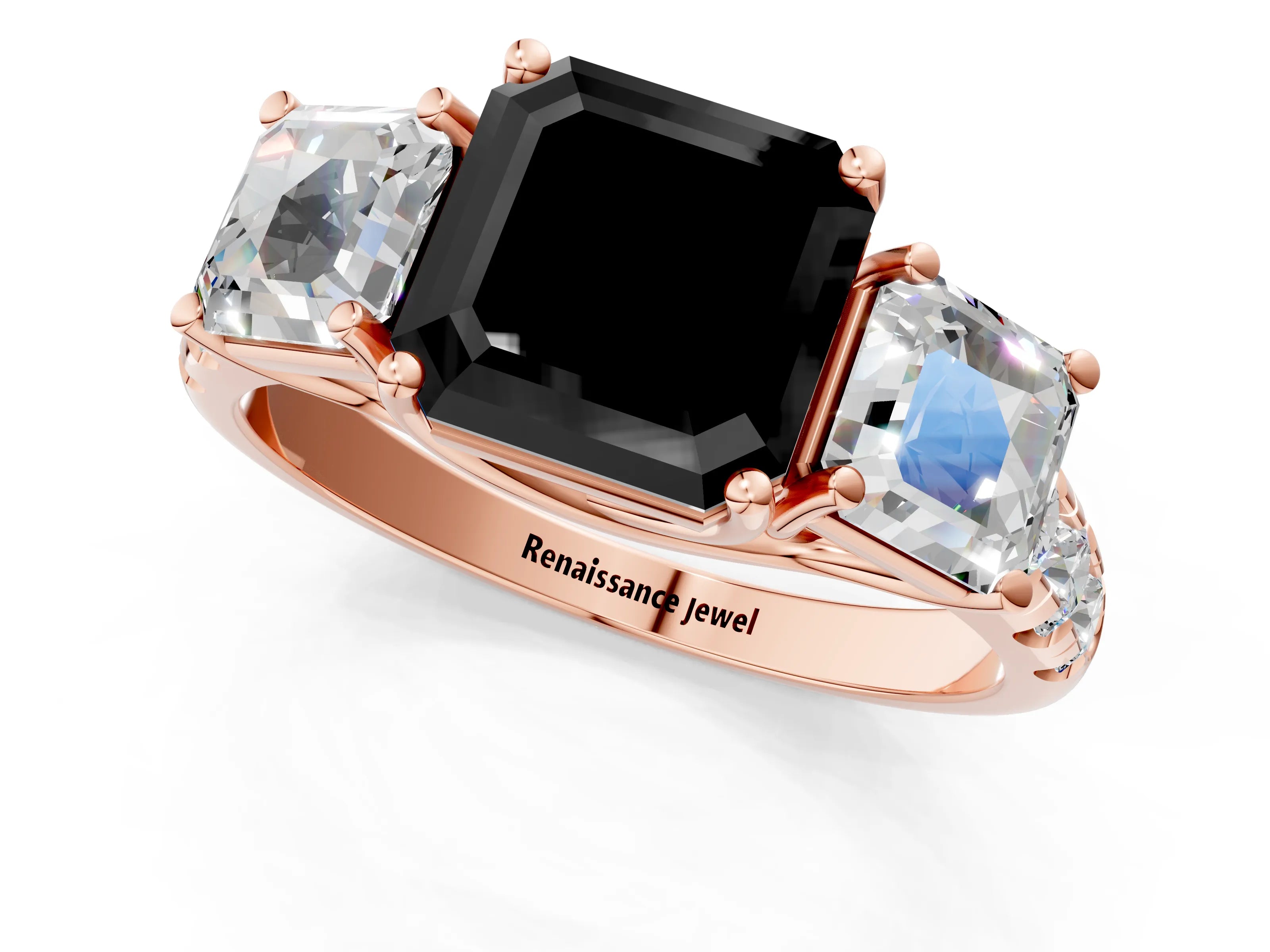 Rose gold Three-Stone Fancy Black Asscher Cut Diamond Pavé Band with Prong Setting_1