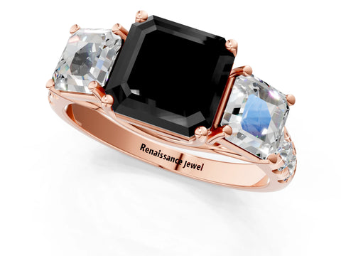 Rose gold Three-Stone Fancy Black Asscher Cut Diamond Pavé Band with Prong Setting_1