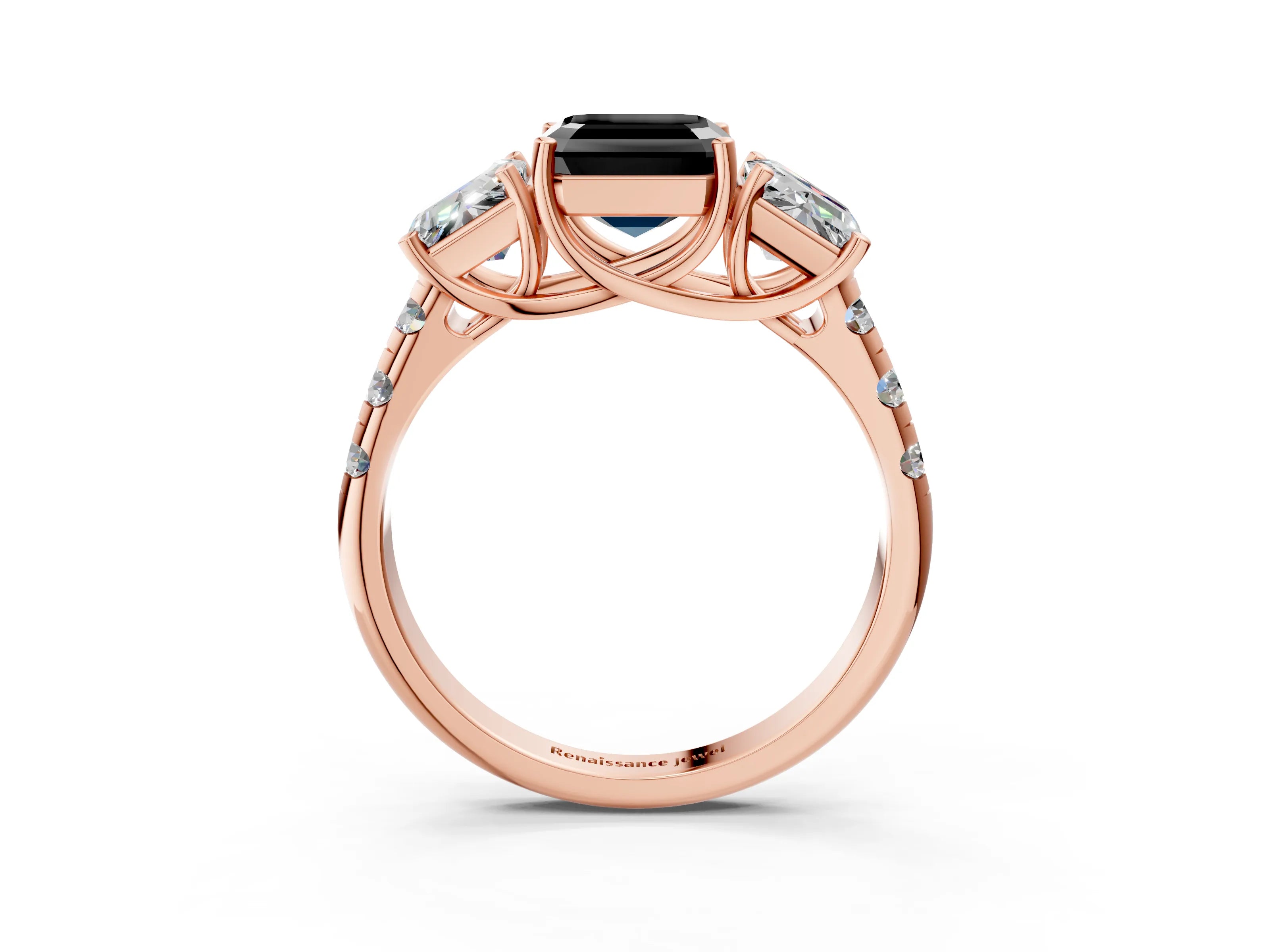 Rose gold Three-Stone Fancy Black Asscher Cut Diamond Pavé Band with Prong Setting_3