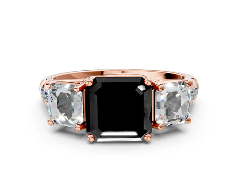 Rose gold Three-Stone Fancy Black Asscher Cut Diamond Pavé Band with Prong Setting