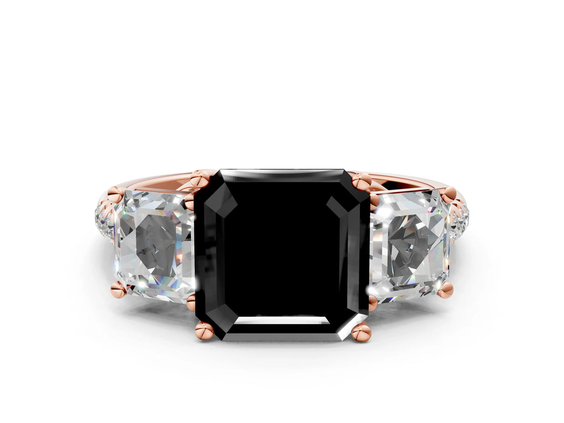 Rose gold Three-Stone Fancy Black Asscher Cut Diamond Ring with Pavé Band and Prong Setting_24