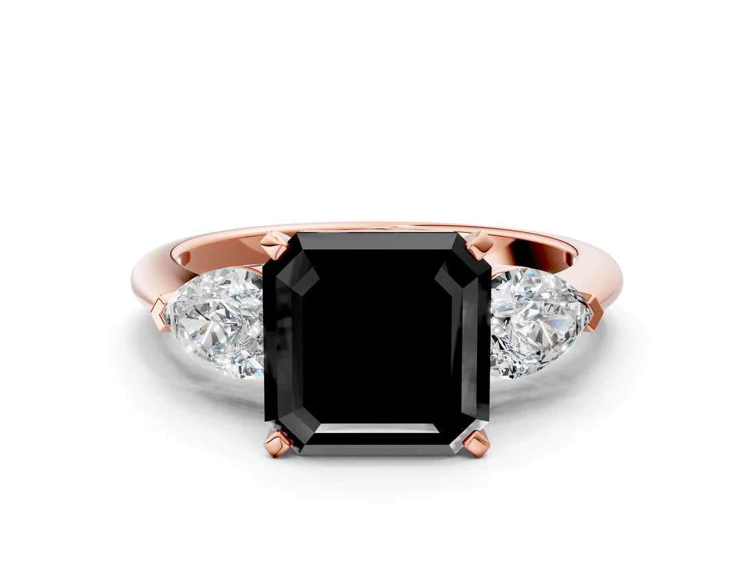 Rose gold Three-Stone Fancy Black Asscher Cut Diamond Ring with Pear Side Stones and Four-Prong Setting