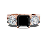 Rose gold Three-Stone Fancy Black Asscher Cut Diamond Ring with Round Side Stones, Classic Band, and Four-Prong Setting