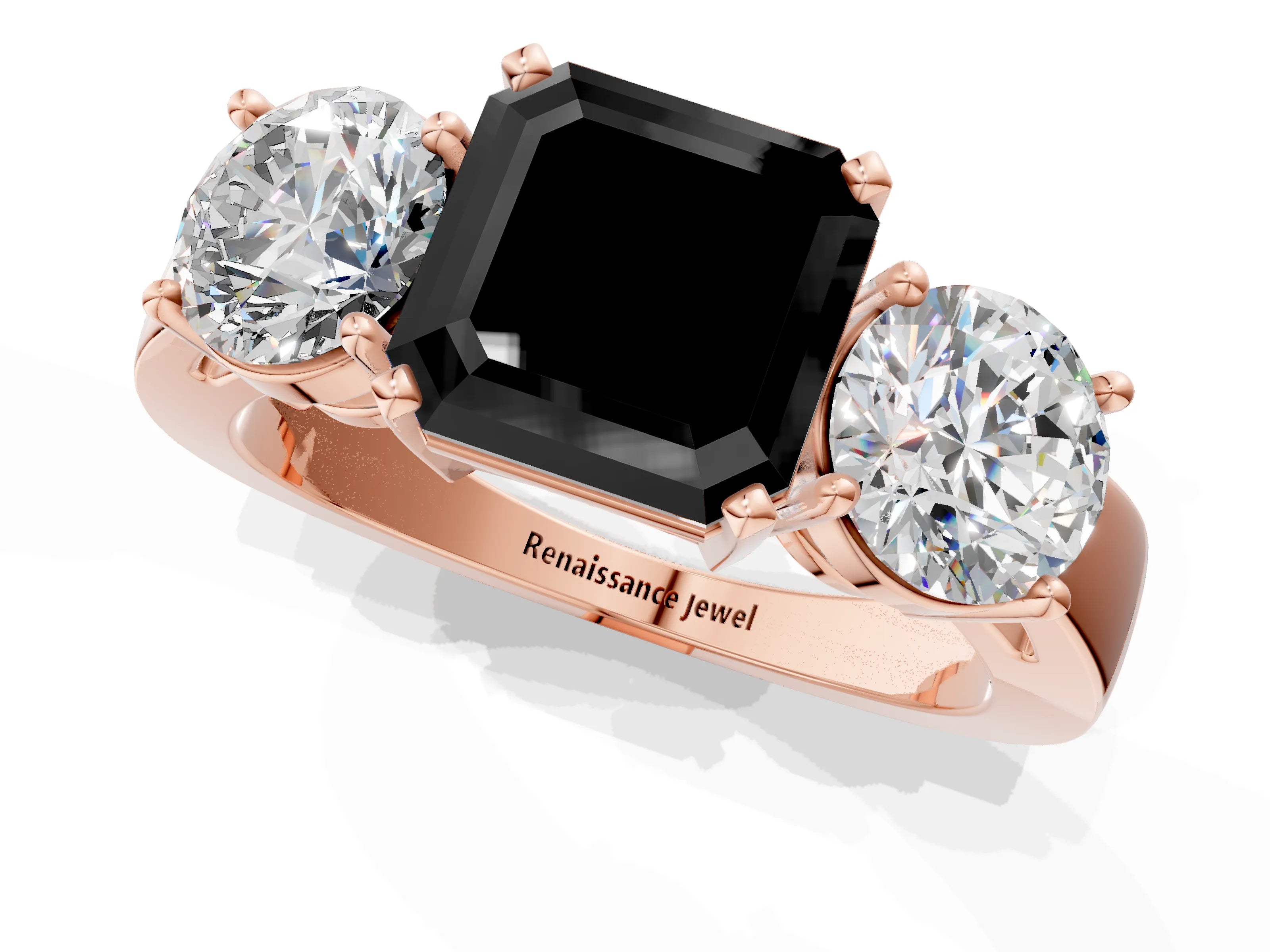 Rose gold Three-Stone Fancy Black Asscher Cut Diamond Ring with Round Side Stones, Classic Band, and Four-Prong Setting_1