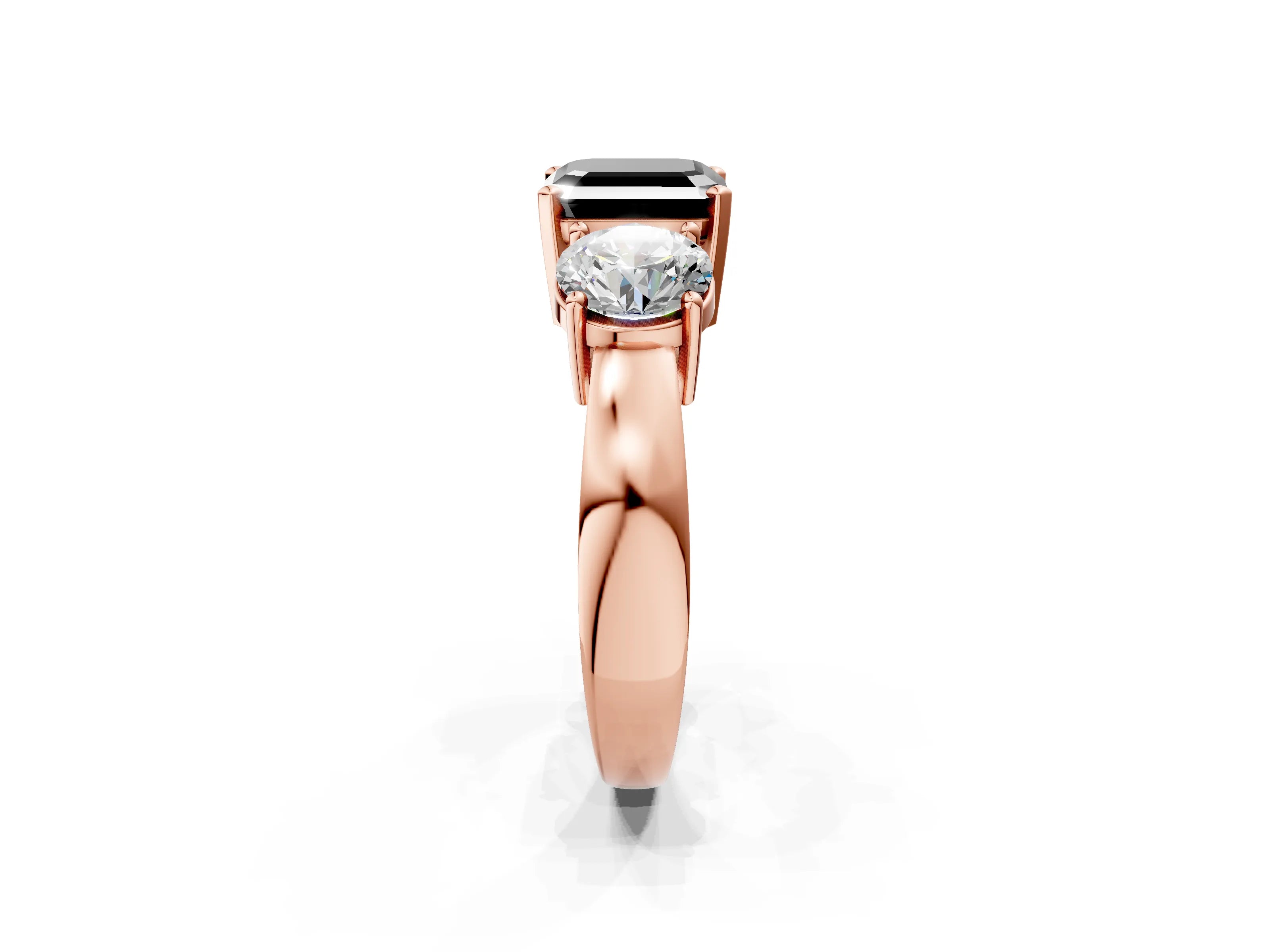 Rose gold Three-Stone Fancy Black Asscher Cut Diamond Ring with Round Side Stones, Classic Band, and Four-Prong Setting_2