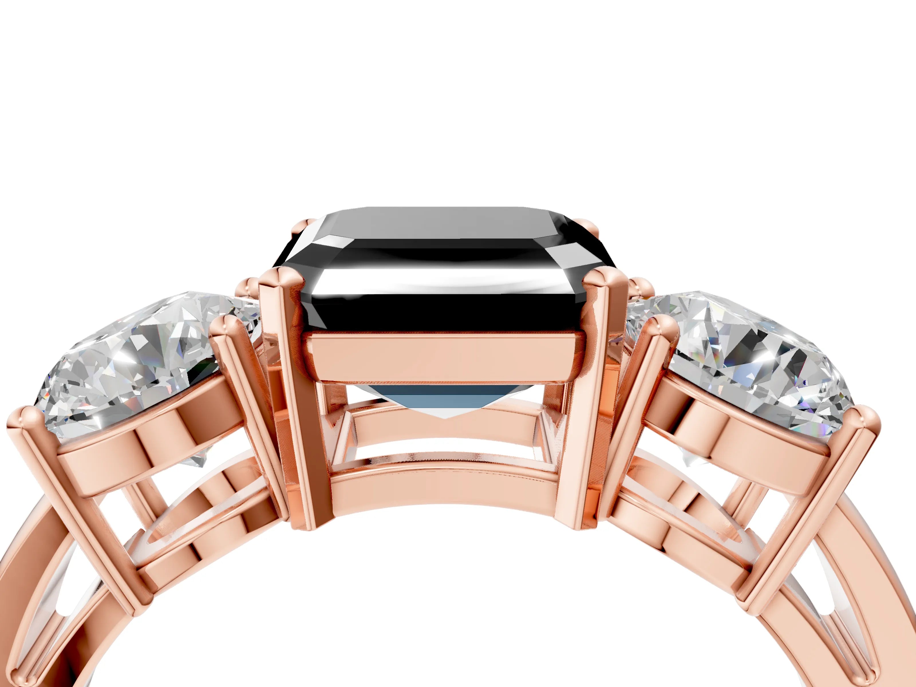 Rose gold Three-Stone Fancy Black Asscher Cut Diamond Ring with Round Side Stones, Classic Band, and Four-Prong Setting_4