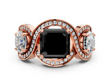 Rose gold Three-Stone Fancy Black Asscher Cut Diamond Wave Pave Band with Prong Setting