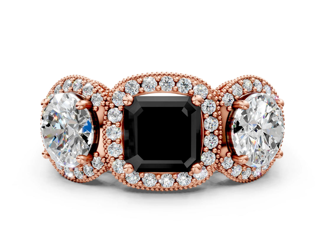 Rose gold Three-Stone Fancy Black Asscher Cut Halo Diamond Milgrain Band with Four-Prong Setting