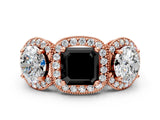 Rose gold Three-Stone Fancy Black Asscher Cut Halo Diamond Milgrain Band with Four-Prong Setting