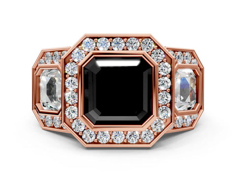 Rose gold Three-Stone Fancy Black Asscher Cut Halo Pavé Diamond Ring_12