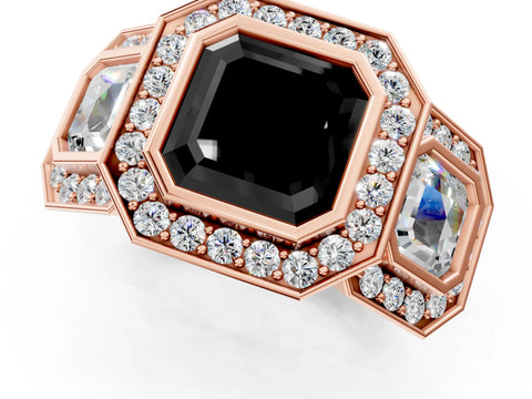 Rose gold Three-Stone Fancy Black Asscher Cut Halo Pavé Diamond Ring_13