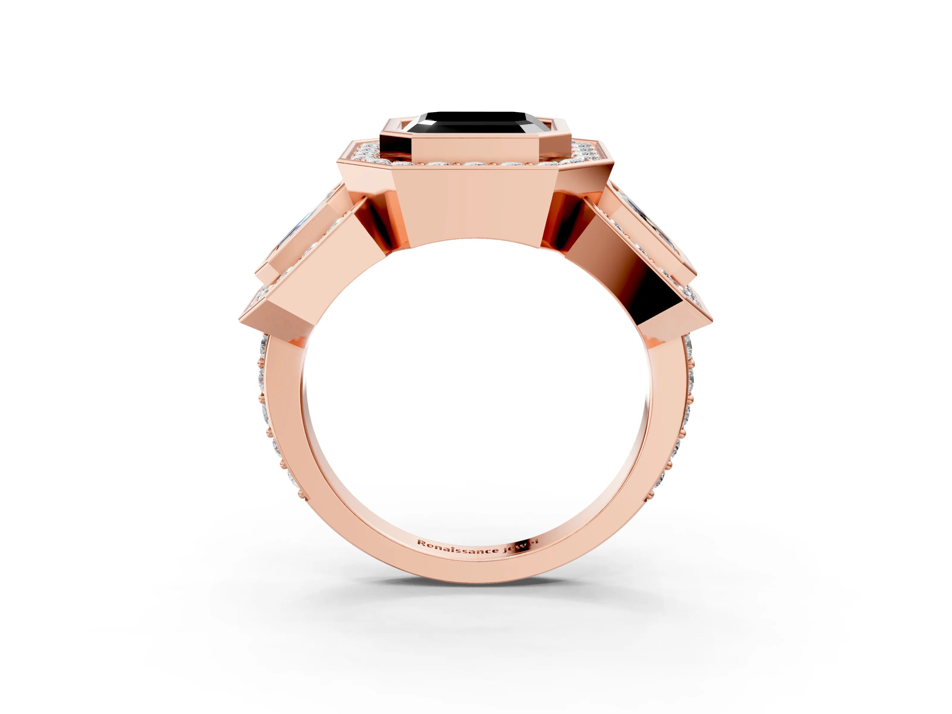 Rose gold Three-Stone Fancy Black Asscher Cut Halo Pavé Diamond Ring_15