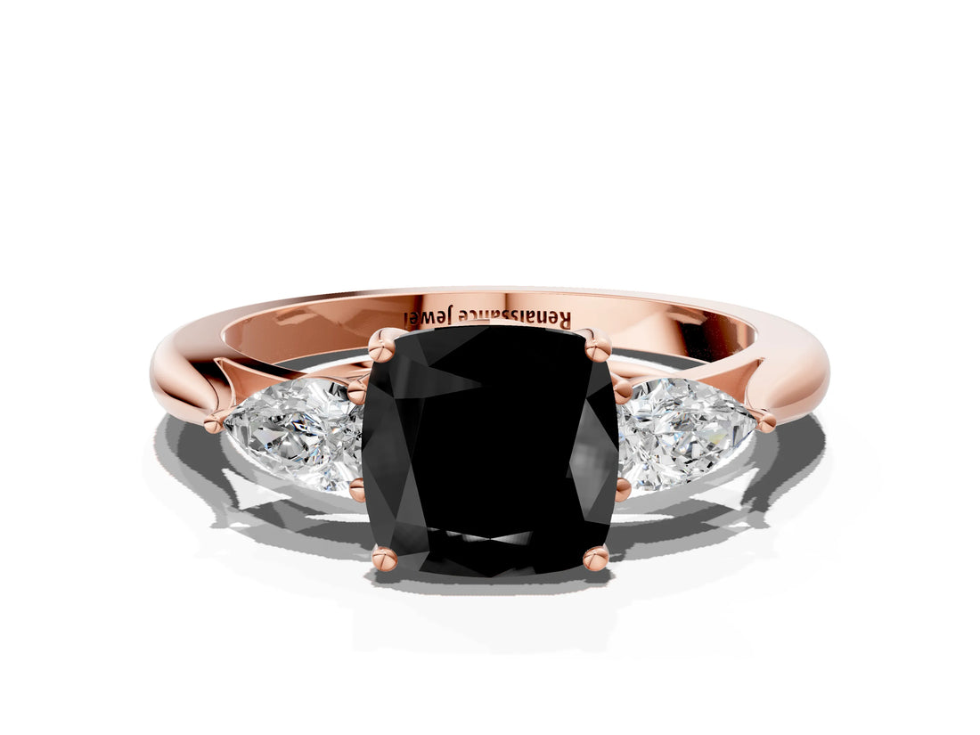 Rose gold Three-Stone Fancy Black Cushion Cut Brilliant Diamond Solitaire Ring with Tapered Band and Four-Prong Setting_25