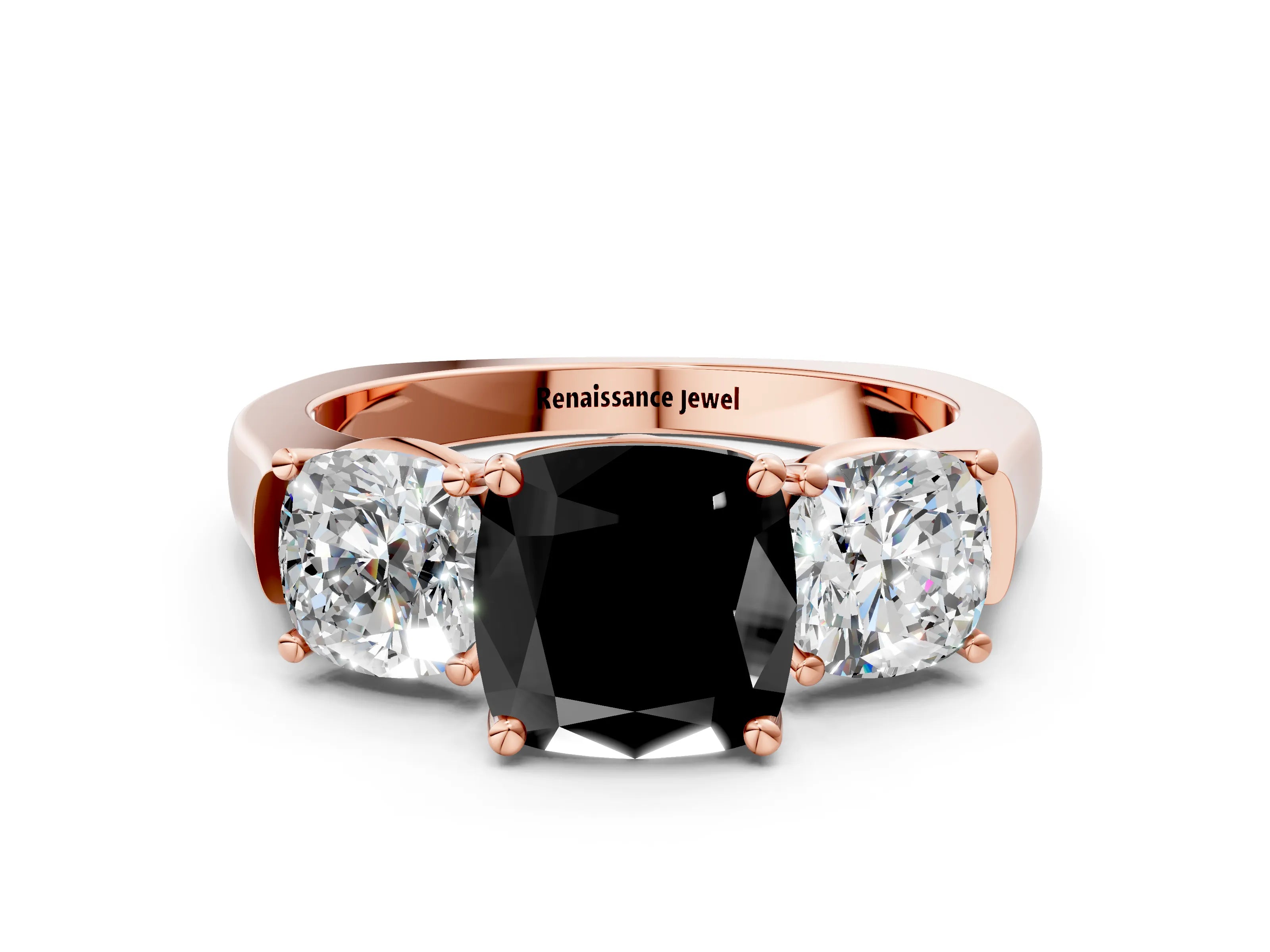 Rose gold Three-Stone Fancy Black Cushion Cut Brilliant Diamond Trellis Ring with Comfort Fit Band