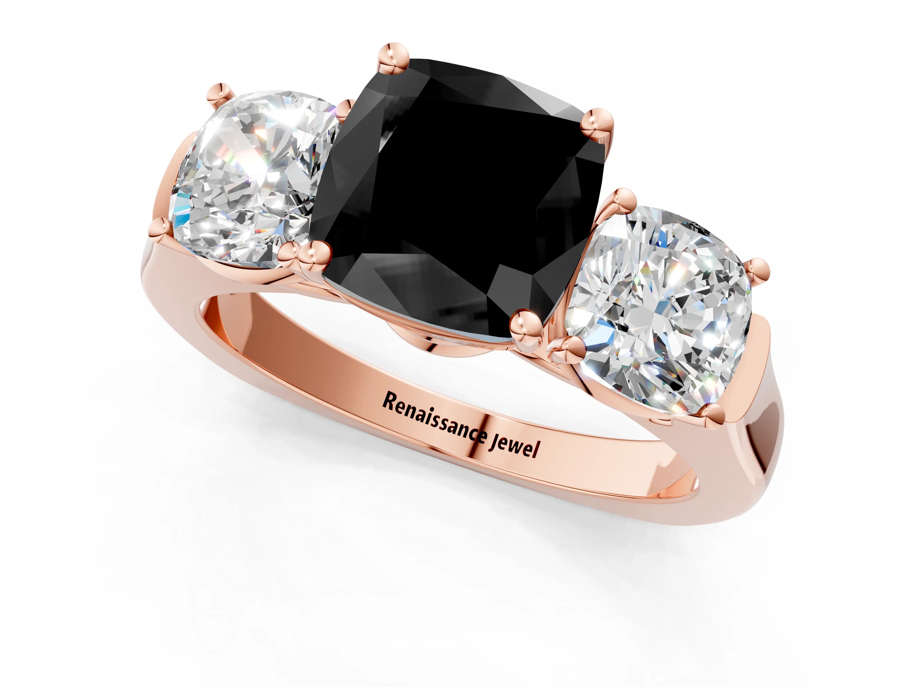 Rose gold Three-Stone Fancy Black Cushion Cut Brilliant Diamond Trellis Ring with Comfort Fit Band_1