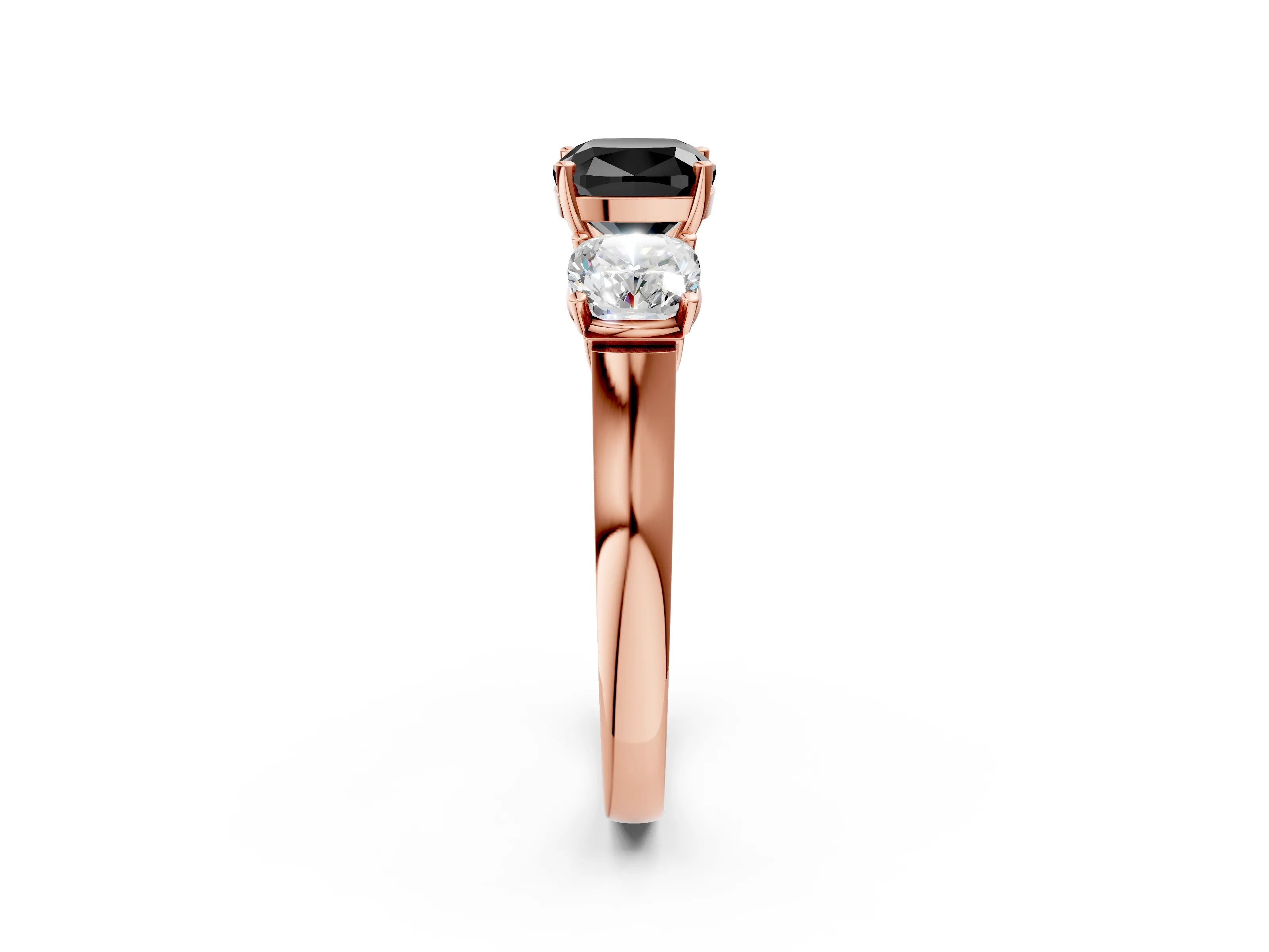 Rose gold Three-Stone Fancy Black Cushion Cut Brilliant Diamond Trellis Ring with Comfort Fit Band_2
