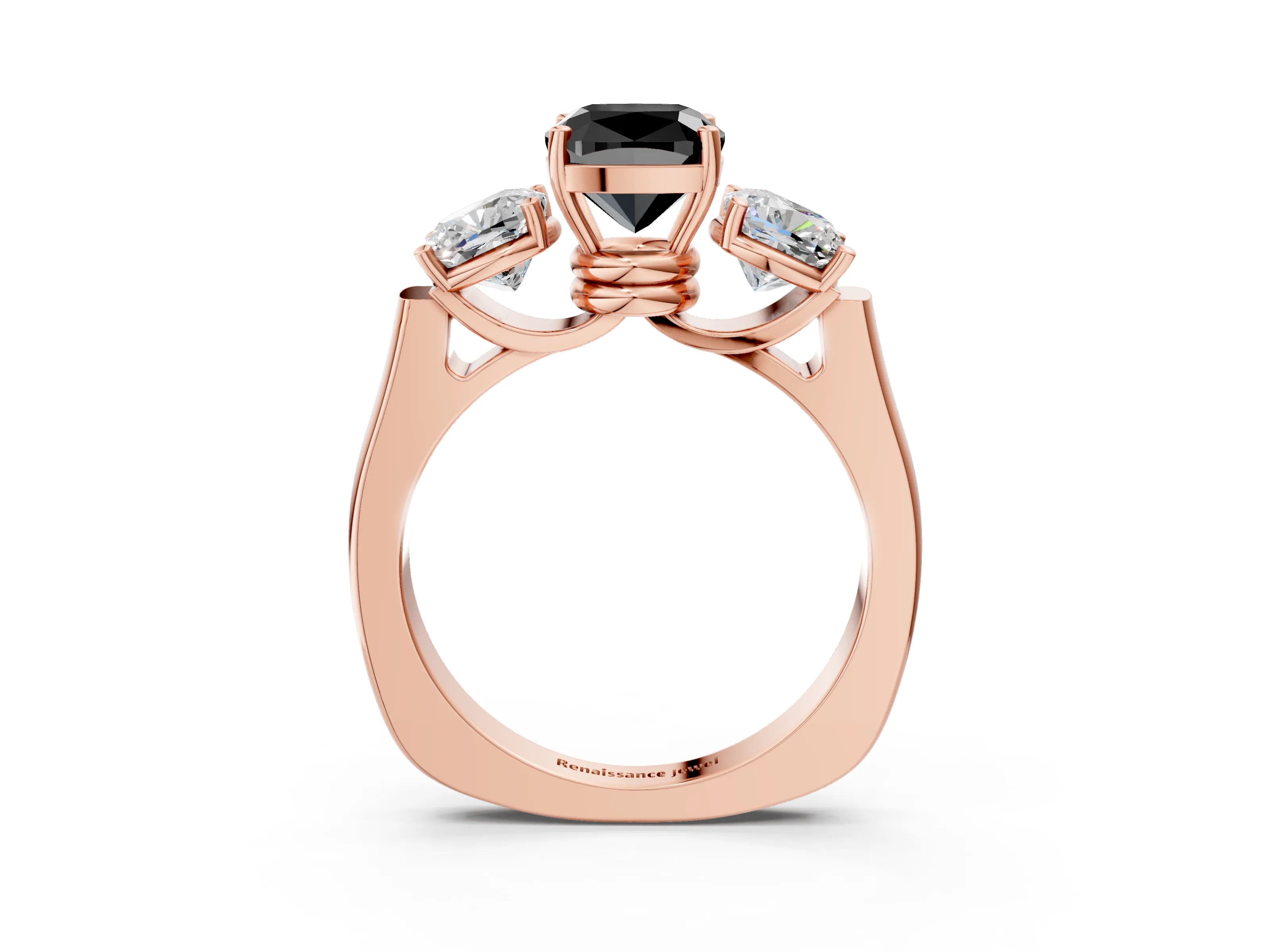 Rose gold Three-Stone Fancy Black Cushion Cut Brilliant Diamond Trellis Ring with Comfort Fit Band_3