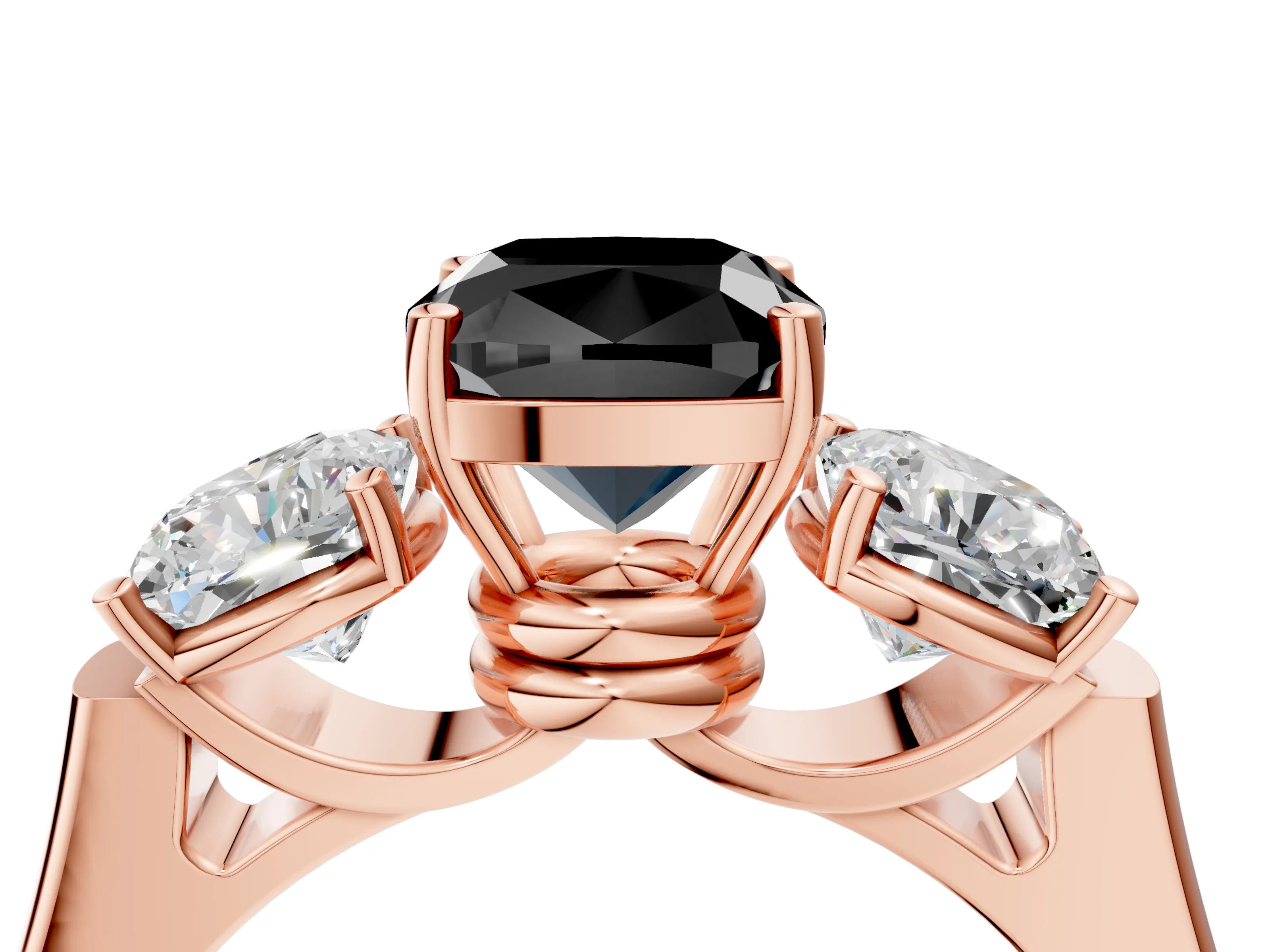 Rose gold Three-Stone Fancy Black Cushion Cut Brilliant Diamond Trellis Ring with Comfort Fit Band_4