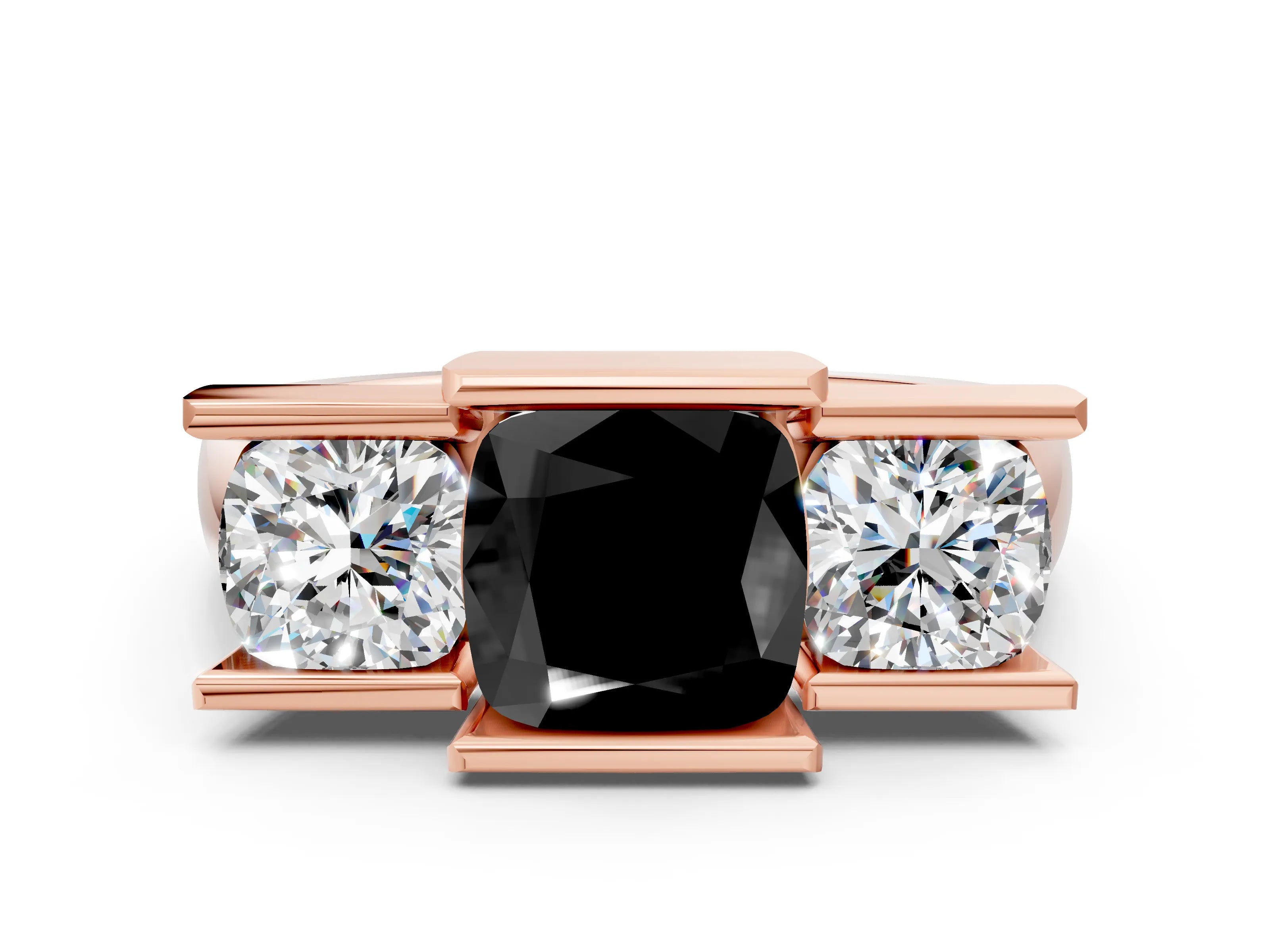 Rose gold Three Stone Fancy Black Cushion Cut Cut Channel Set Diamond Ring