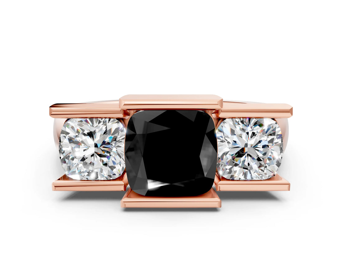 Rose gold Three Stone Fancy Black Cushion Cut Cut Channel Set Diamond Ring