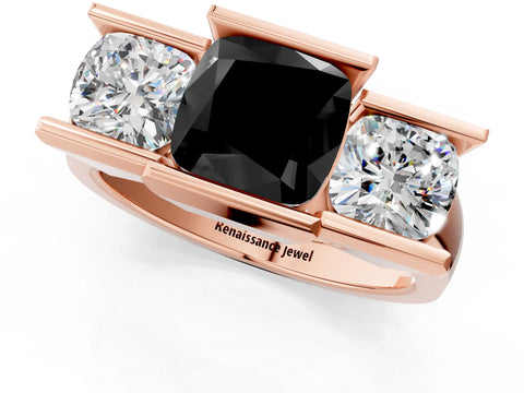 Rose gold Three Stone Fancy Black Cushion Cut Cut Channel Set Diamond Ring_1