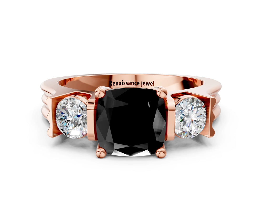 Rose gold Three-Stone Fancy Black Cushion Cut Cut Classic Band Prong Setting Ring