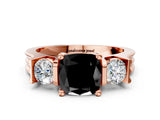 Rose gold Three-Stone Fancy Black Cushion Cut Cut Classic Band Prong Setting Ring