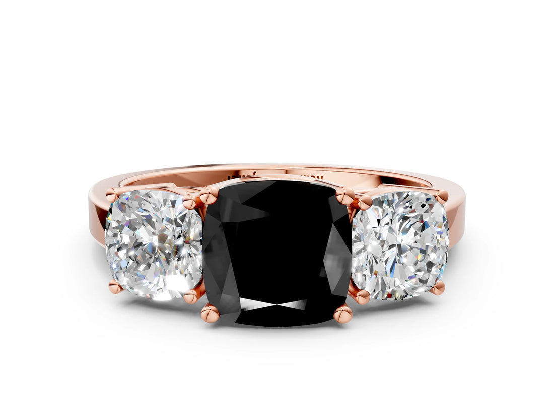 Rose gold Three-Stone Fancy Black Cushion Cut Cut Diamond Engagement Ring with Flat Band and Four-Prong Setting_12
