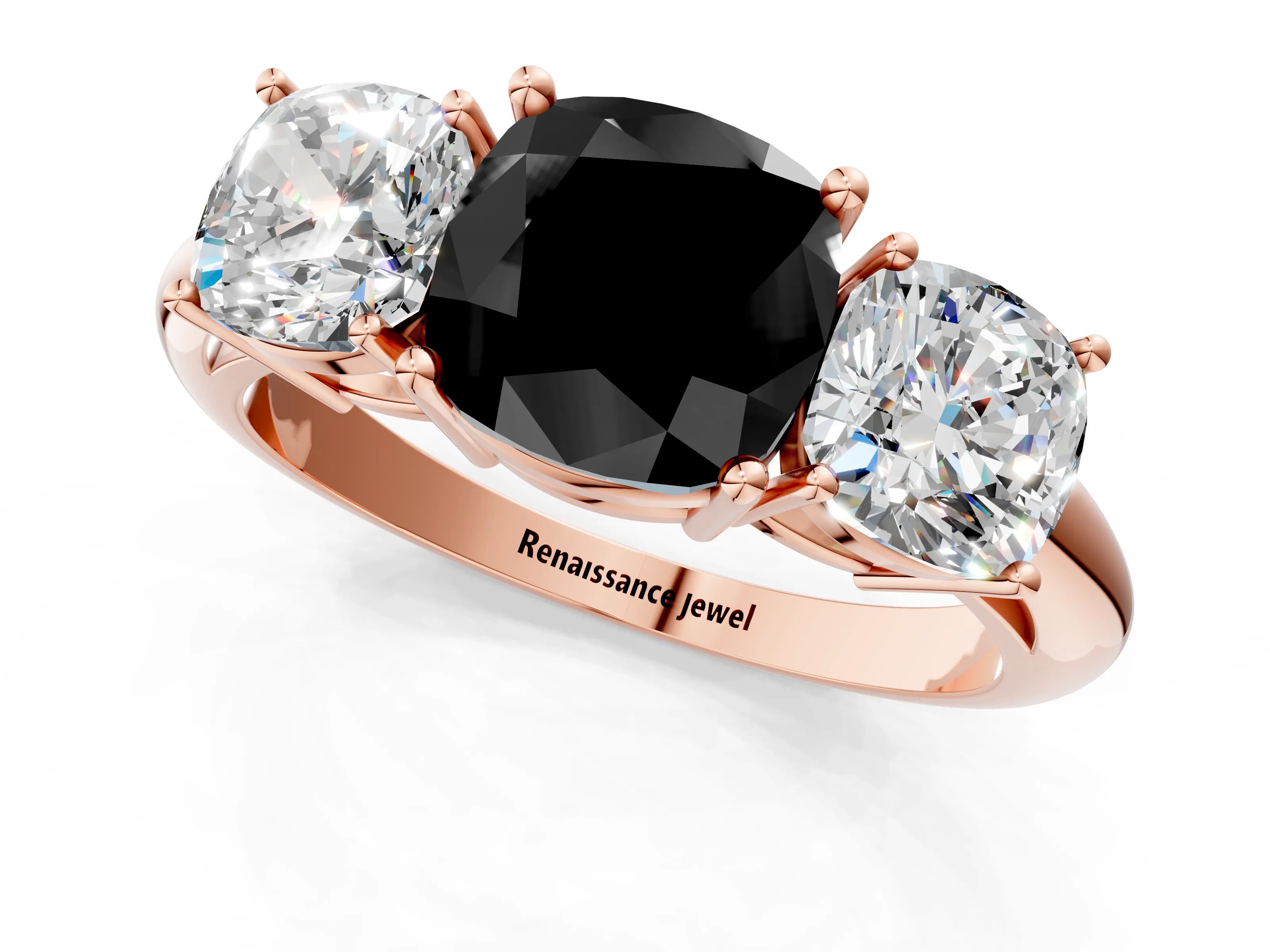 Rose gold Three-Stone Fancy Black Cushion Cut Cut Diamond Engagement Ring with Prong Setting on a White Gold Band_1