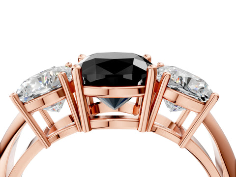 Rose gold Three-Stone Fancy Black Cushion Cut Cut Diamond Engagement Ring with Prong Setting on a White Gold Band_4